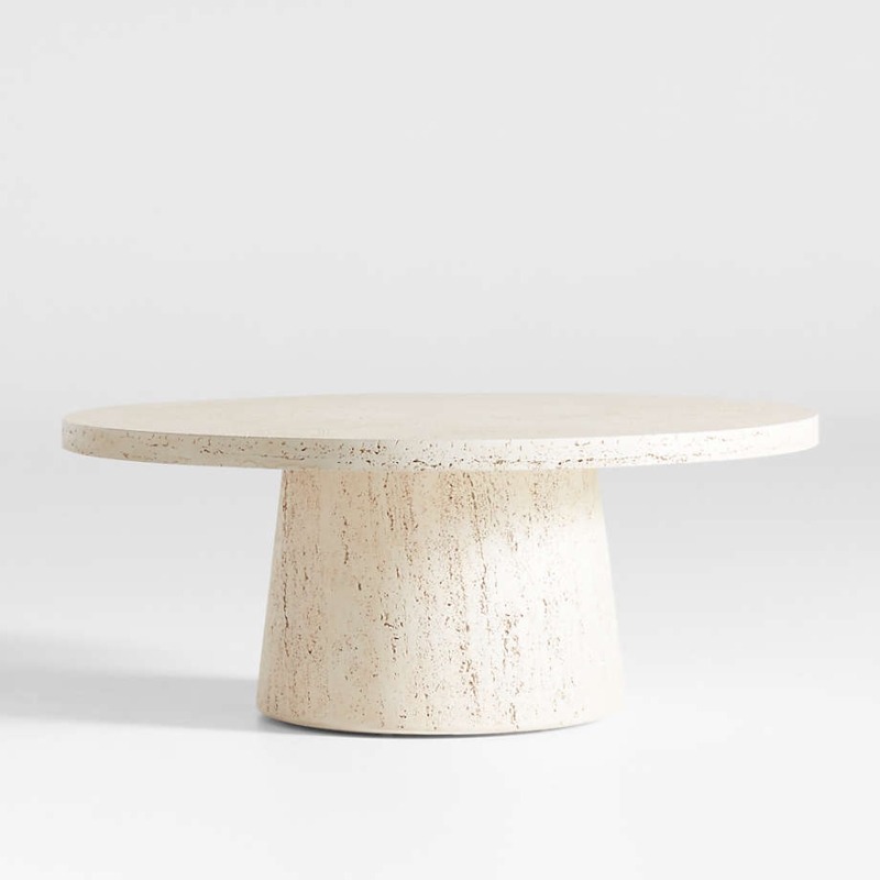 Faux Travertine Coffee Table Round Thick Pedestal Pitted Stone Texture