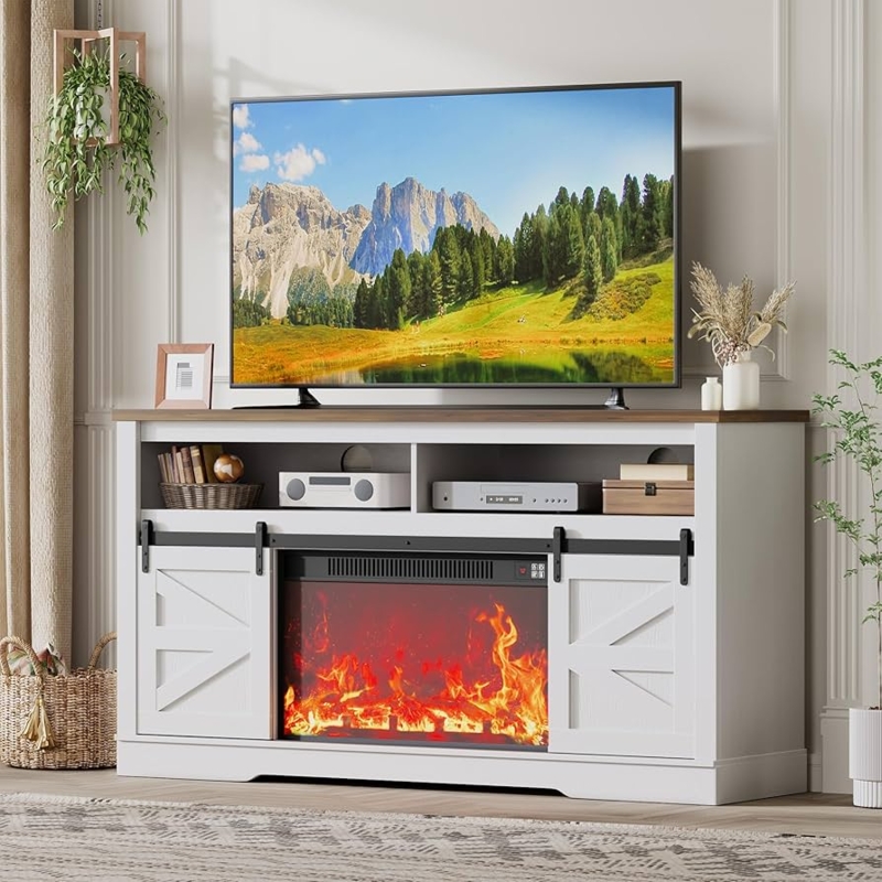 Fireplace Media Console Two-Tone White and Wood Contrast Barn Doors
