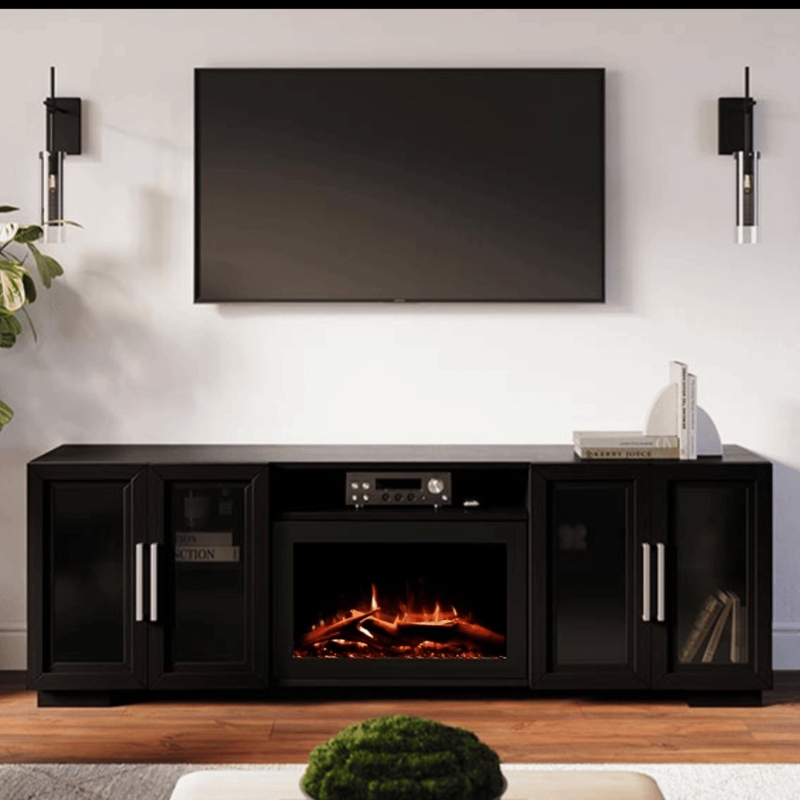 Fireplace TV Stand 80 Inch Width Glass Cabinet Doors Media Console
