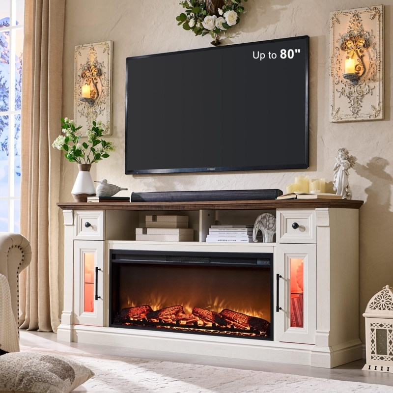 Fireplace TV Stand Antique White LED Illuminated Glass Cabinets