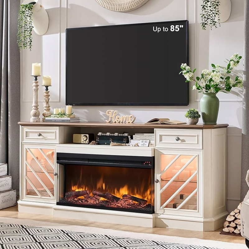 Fireplace TV Stand Antique White, X-Mullion Glass Doors, Two-Tone Finish