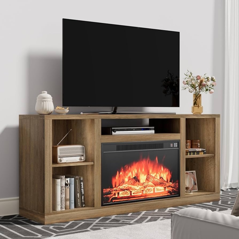 Fireplace TV Stand Barnwood Finish Open Media Storage Console