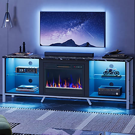 Fireplace TV Stand Black, Faux Marble Top, Blue LED Accents