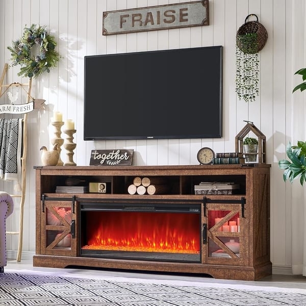 Fireplace TV Stand Brown Sliding Barn Doors X-Brace Glass Inserts