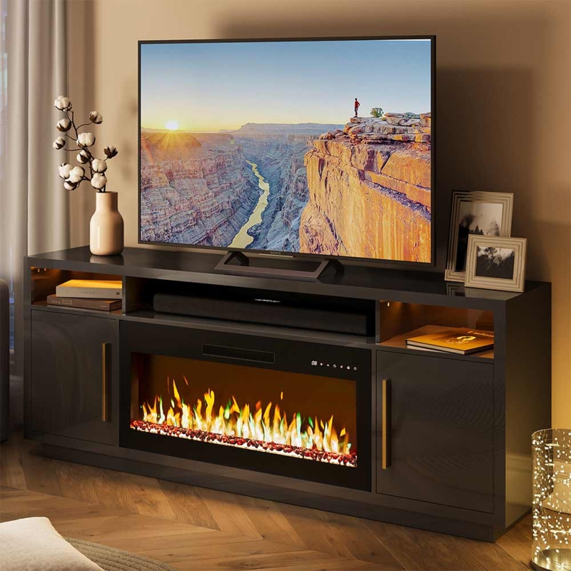 Fireplace TV Stand Charcoal Gray, Gold Hardware, Integrated LED Shelving