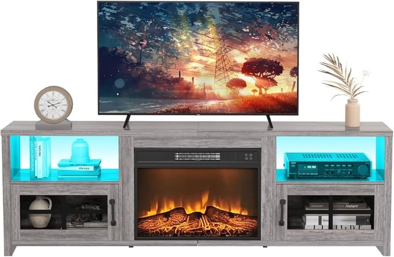 Fireplace TV Stand Cool Gray, Glass Cabinet Doors, Blue LED Lighting