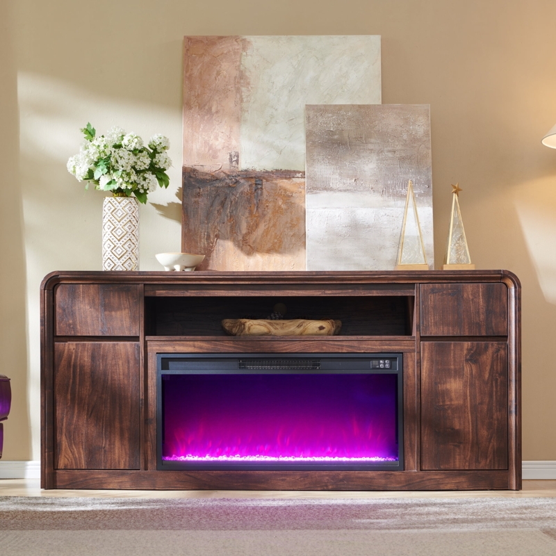 Fireplace TV Stand Curved Wood Media Console with Purple Flame