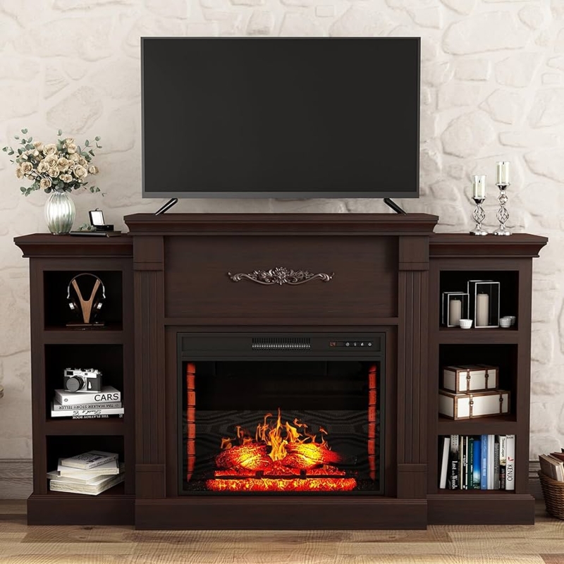 Fireplace TV Stand Espresso, Fluted Pilasters, Traditional Style