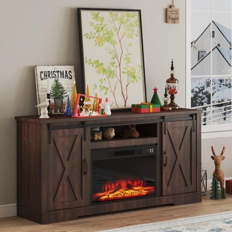 Fireplace Tv Stand Farmhouse Console with X-Panel Sliding Barn Doors