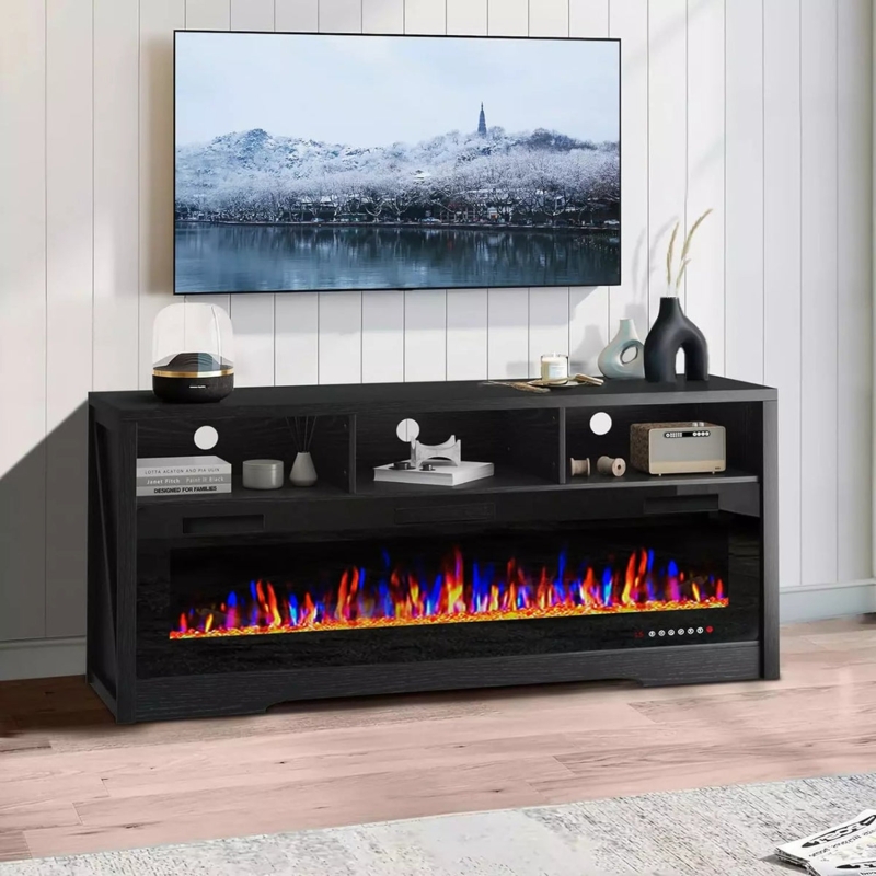 Fireplace TV Stand featuring Multi-Color Flames and Black Finish.