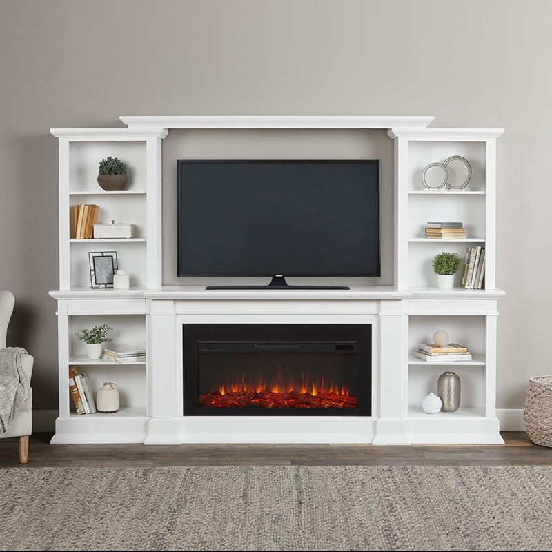 Fireplace TV Stand Full Wall Unit, White Transitional Media Console with Trim