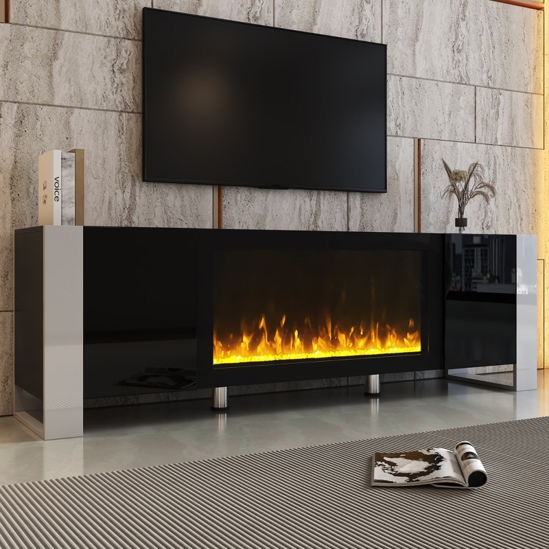 Fireplace TV Stand Glossy Black Finish Silver Frame Base