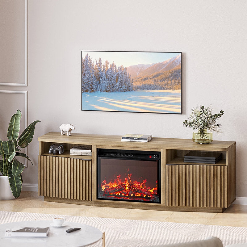 Fireplace TV Stand Light Brown, Fluted Doors, Mid-Century Modern