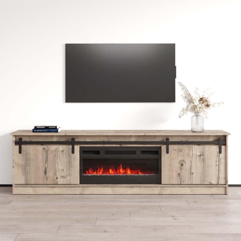 Fireplace TV Stand Light Oak, Sliding Barn Doors, Black Hardware
