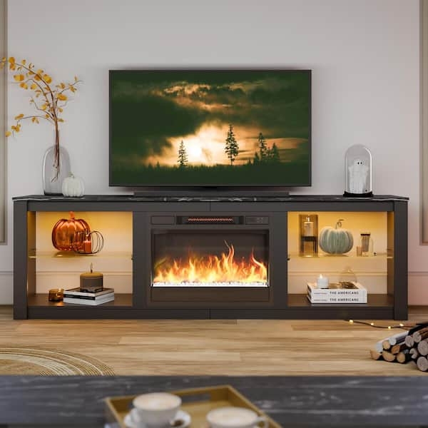 Fireplace TV Stand Matte Black, LED Lit Shelves, Glass Shelves