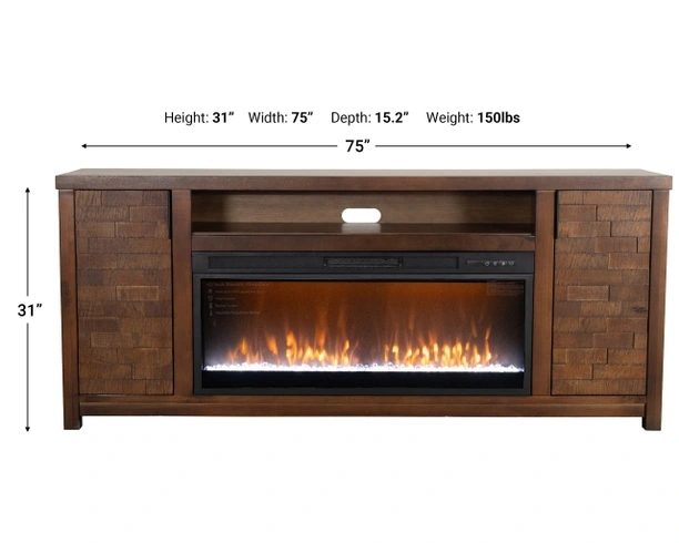 Fireplace TV Stand Medium Brown, Staggered Block Doors, Transitional