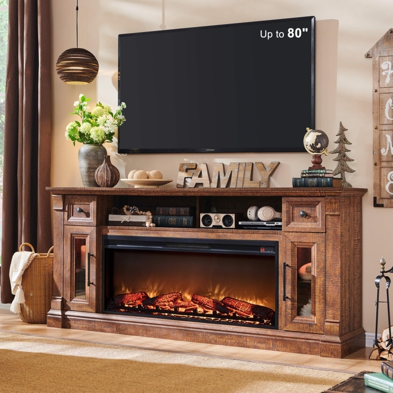 Fireplace TV Stand Reclaimed Wood Entertainment Center Glass Doors