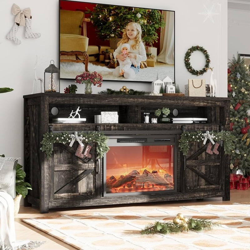 Fireplace TV Stand Rustic Distressed Wood Barn Door Media Console