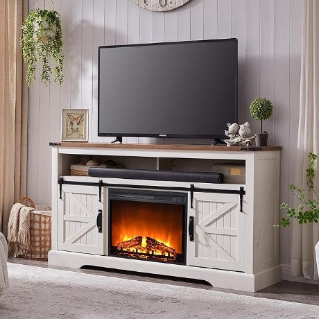 Fireplace TV Stand Sliding Barn Door Media Console White X-Brace