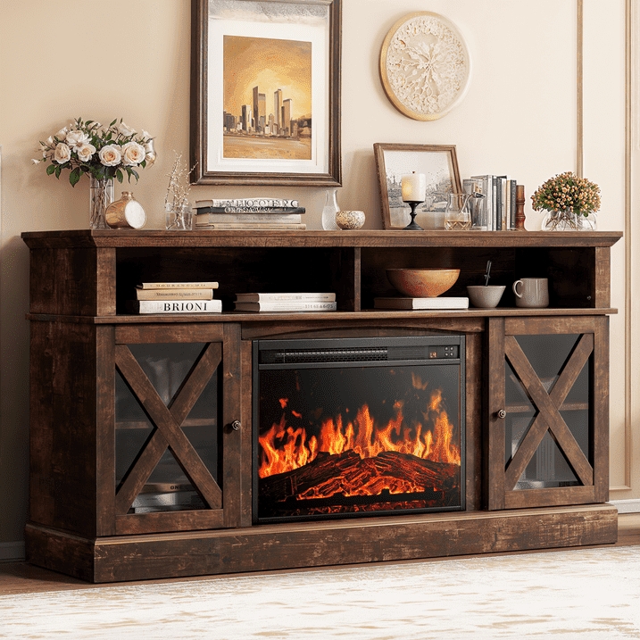 Fireplace TV Stand Vintage Brown, X-Frame Doors, Distressed Finish