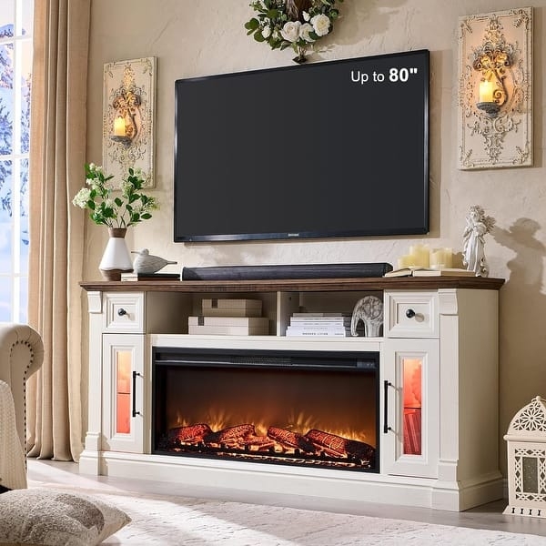 Fireplace TV Stand White Farmhouse Two-Tone with Backlit Cabinets