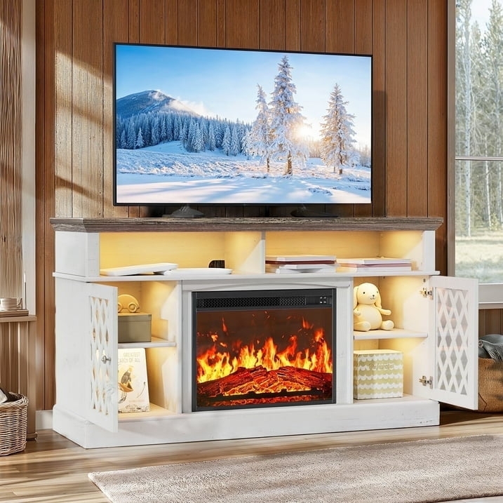 Fireplace TV Stand White, Lattice Cabinet Doors, Built-In LED Lighting
