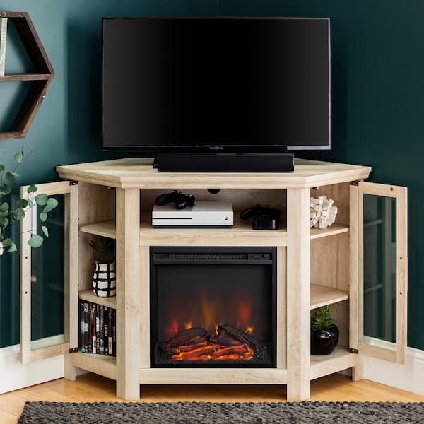 Fireplace TV Stand White Oak Corner Electric Fireplace TV Stand