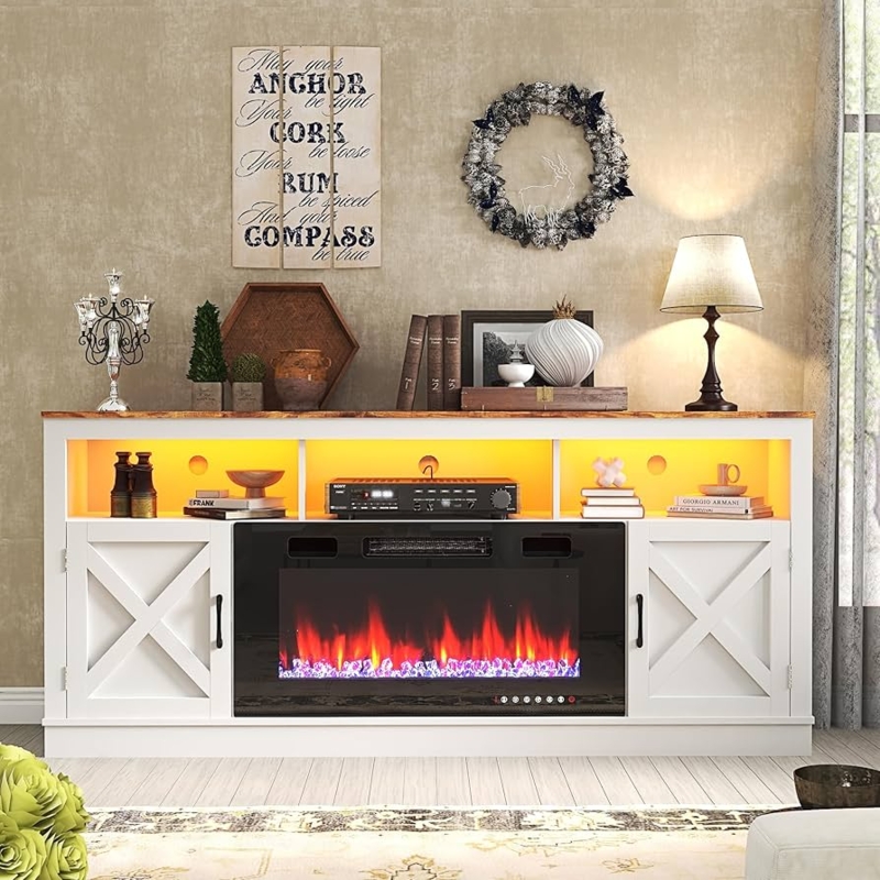 Fireplace TV Stand White, Wood Top, Barn Door Cabinets, Amber LED Glow
