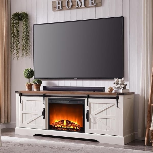Fireplace TV Stand White, Wood Top, Sliding Barn Doors, X-Brace