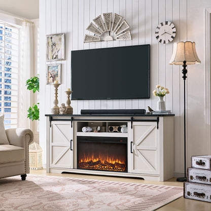 Fireplace TV Stand with Electric Insert, Sliding Doors, and Tall Profile