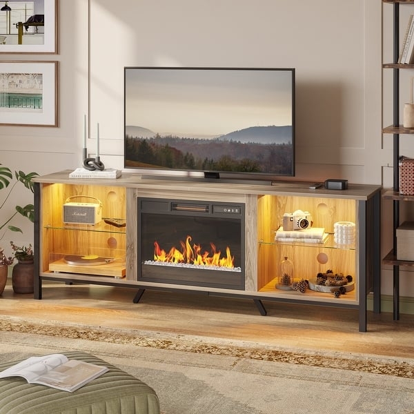 Fireplace TV Stand with Lit Glass Shelving and Mixed Material Frame