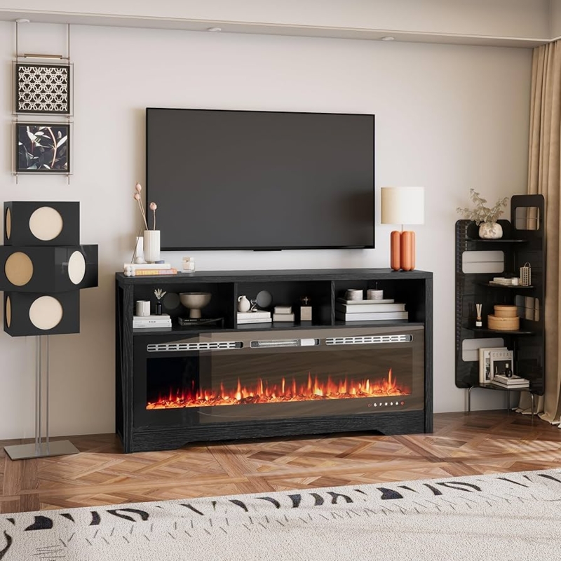 Fireplace TV Stand with Open Cubbies and Wood Grain Finish