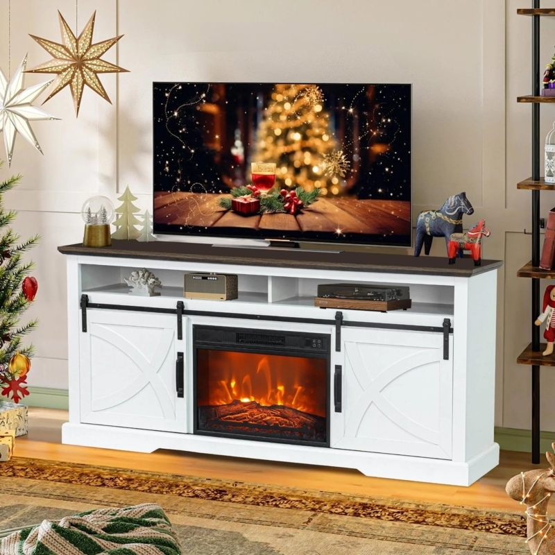 Fireplace TV Stand with Two-Tone Finish and Barn Doors