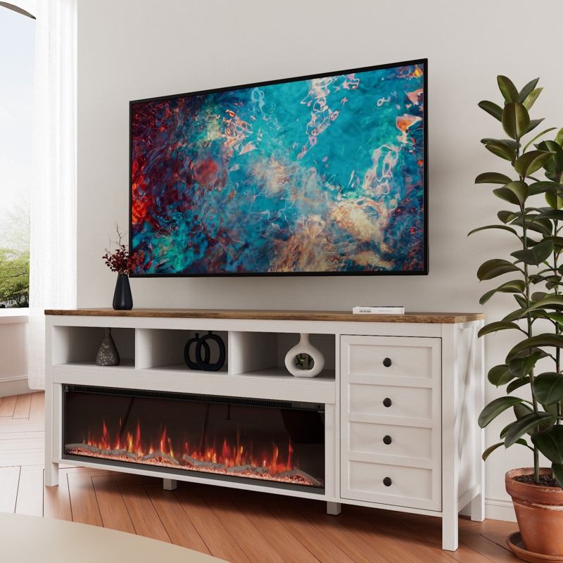 Fireplace TV Stand Wood Top, Vertical Drawers, Open Storage Cubbies