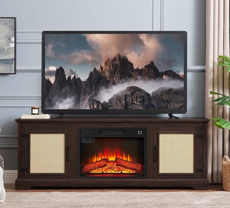 Fireplace TV Stand Woven Rattan Doors Dark Wood Media Console
