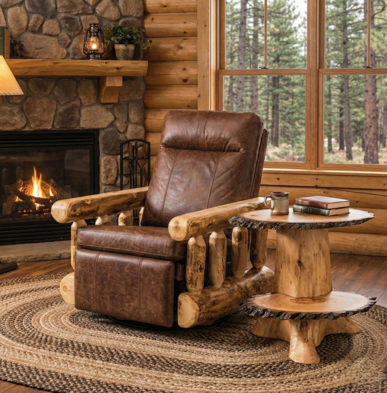 Fireside Log Recliner in Rustic Cabin Living Room with Live Edge Table