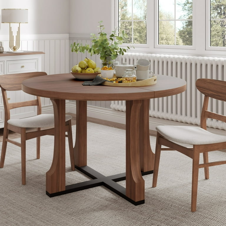 Flared Leg Dining Table with Black Metal X-Base, Walnut Tone