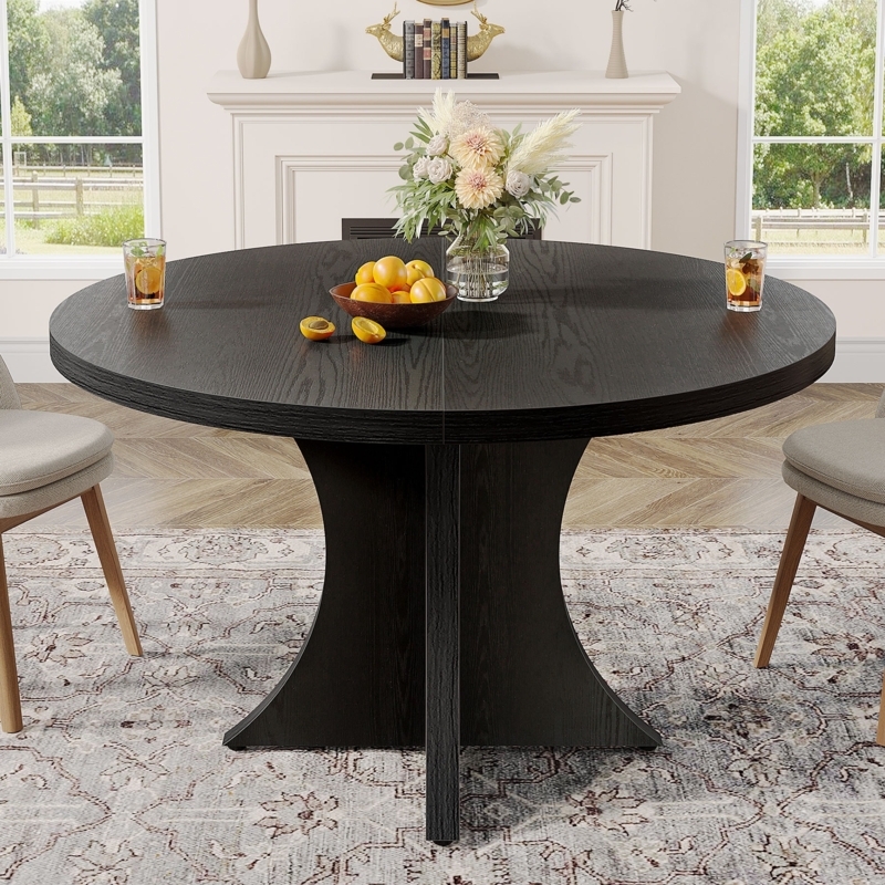 Flared Pedestal Base Dining Table with Black Wood Grain Texture.