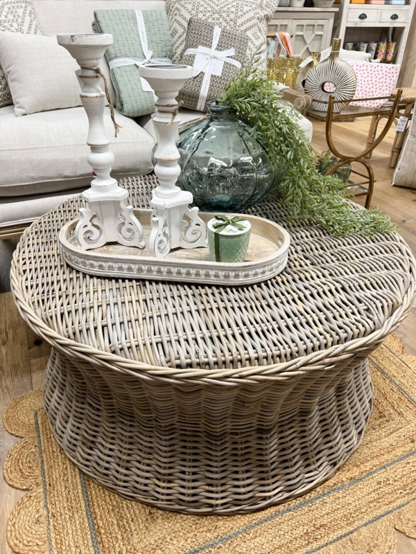 Flared Pedestal Rattan Coffee Table, Round Woven Coastal Style