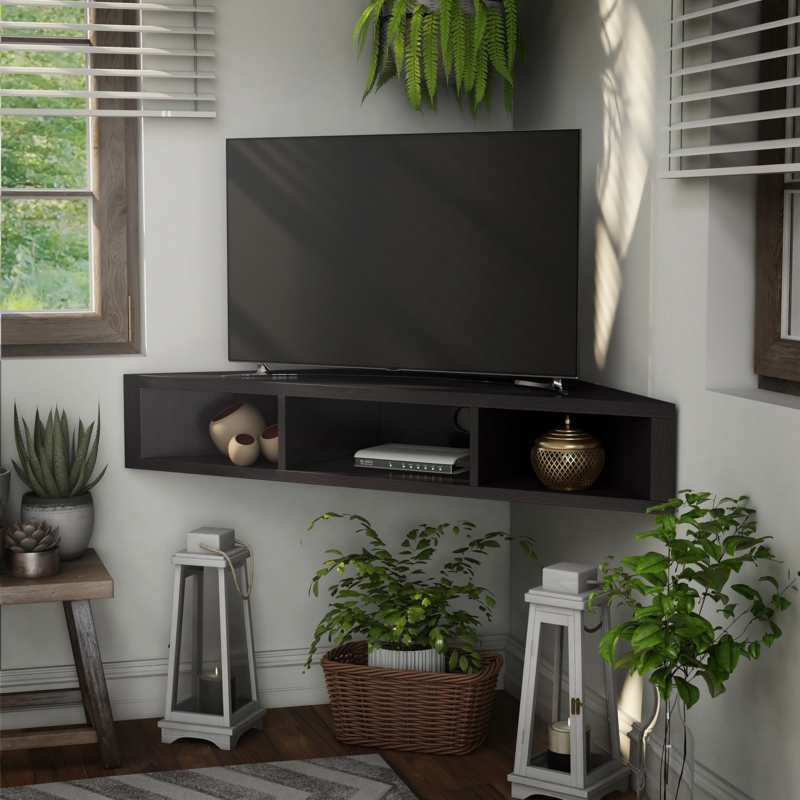 Floating Corner TV Stand Dark Espresso Wall Mounted Shelf