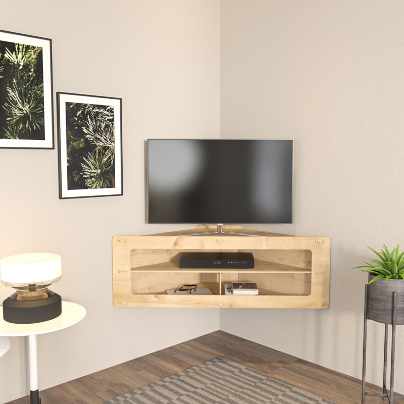 Floating Corner TV Stand Light Wood Tone, Minimalist Wall Mounted
