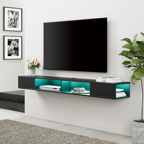 Floating Entertainment Center Cyan LED Lighting Open Shelving