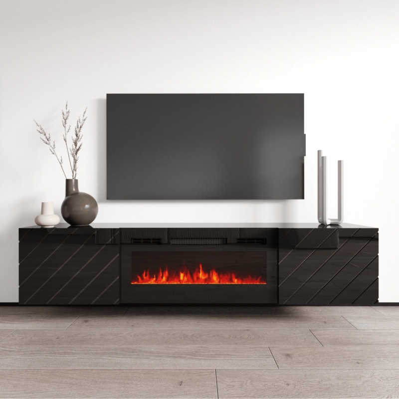 Floating Fireplace TV Stand Matte Black Diagonal Grooved Texture