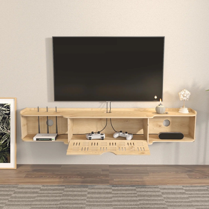 Floating Media Console Light Wood Slotted Door Scandinavian Style