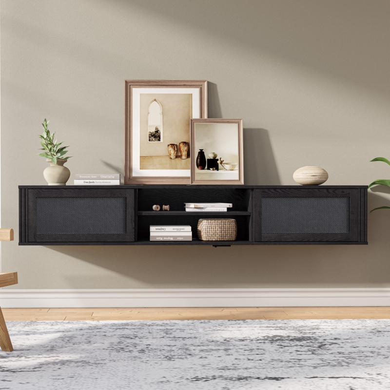 Floating Media Console with Mesh Doors Black Minimalist Cabinet