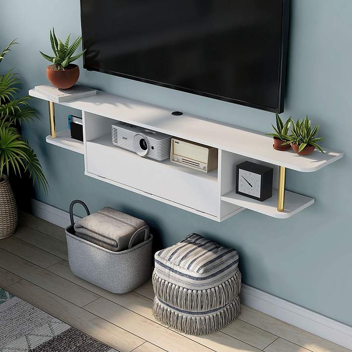 Floating Media Shelf with Polished Gold Pillars & Multi-Level Storage
