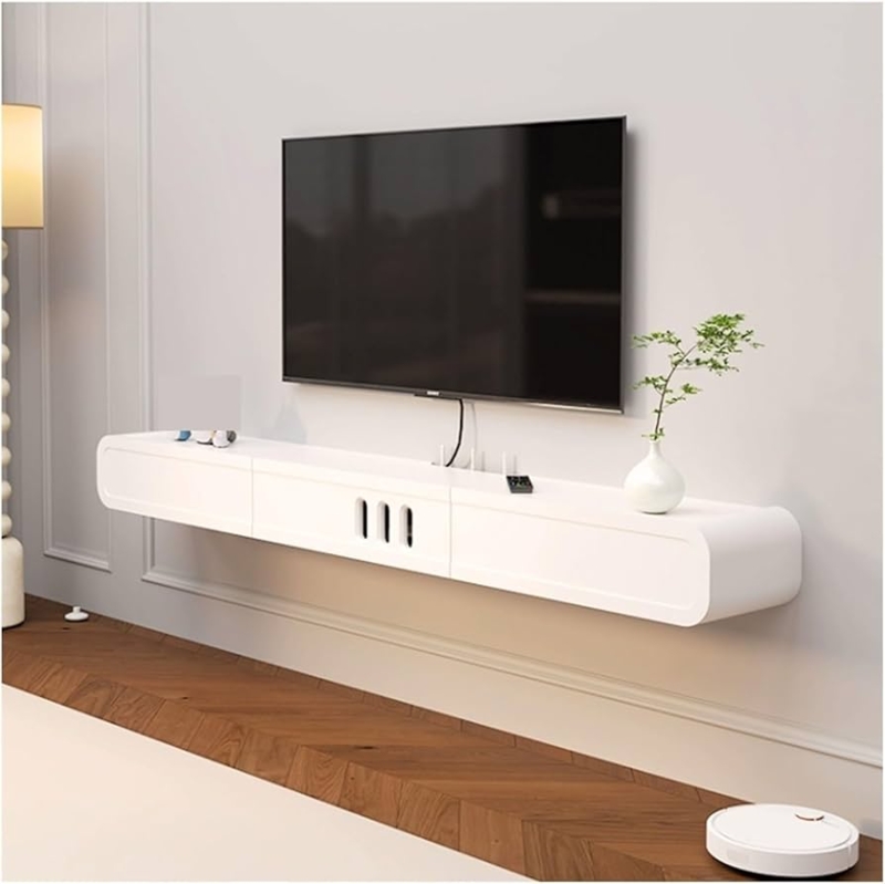 Floating TV Cabinet with Slatted Center Panel & Curved Ends
