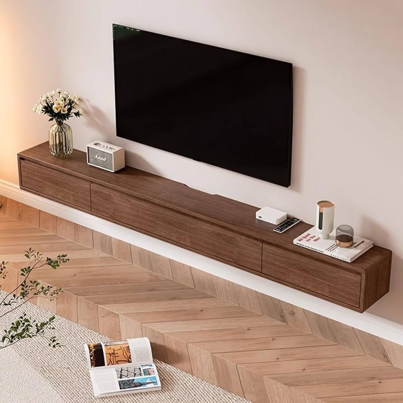 Floating TV Console Long Profile Handleless Walnut Modern Media Unit