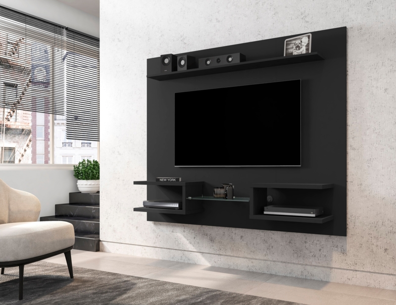 Floating TV Panel Integrated Shelving Glass Insert Shelf