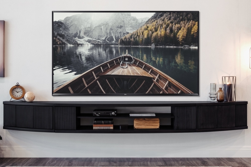 Floating TV Stand Black Curved Media Console with Ribbed Doors